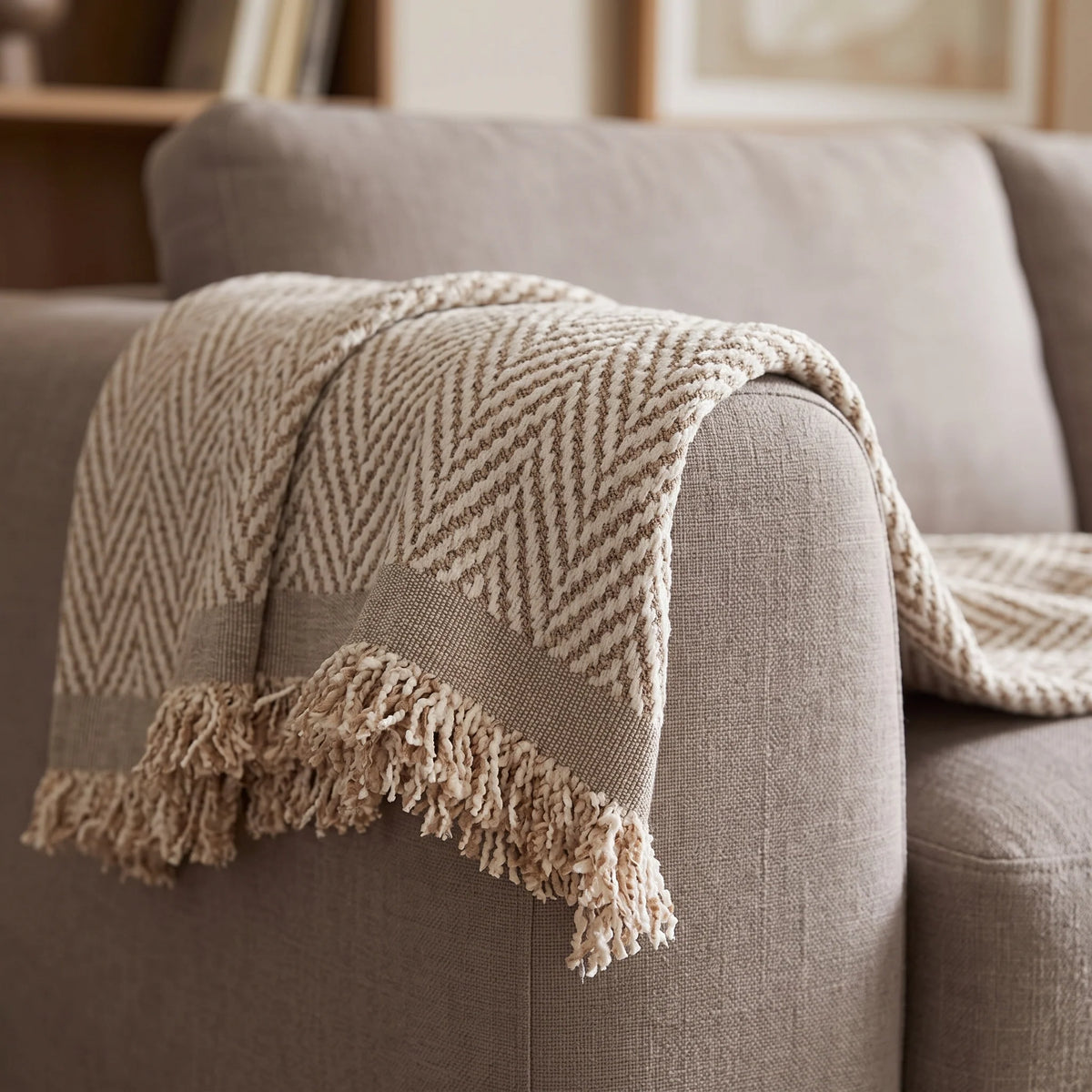 Sofa Throw Cover Chenille Herringbone & Tassel Edge
