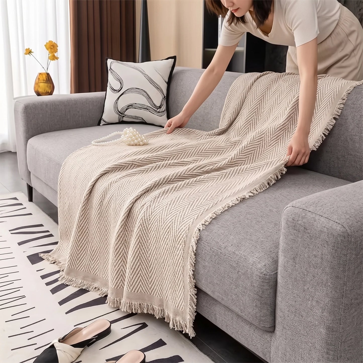 Sofa Throw Cover Chenille Herringbone & Tassel Edge