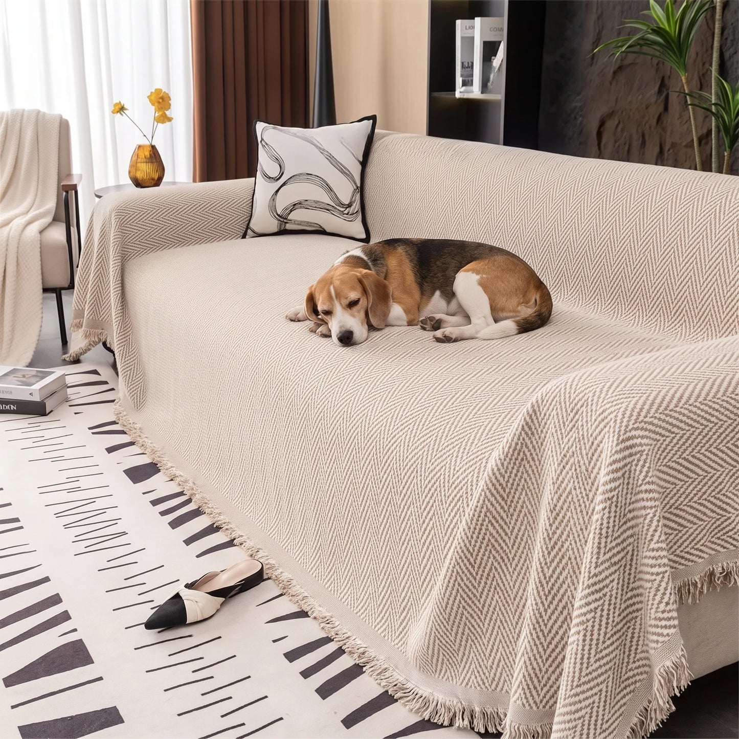 Sofa Throw Cover Chenille Herringbone & Tassel Edge