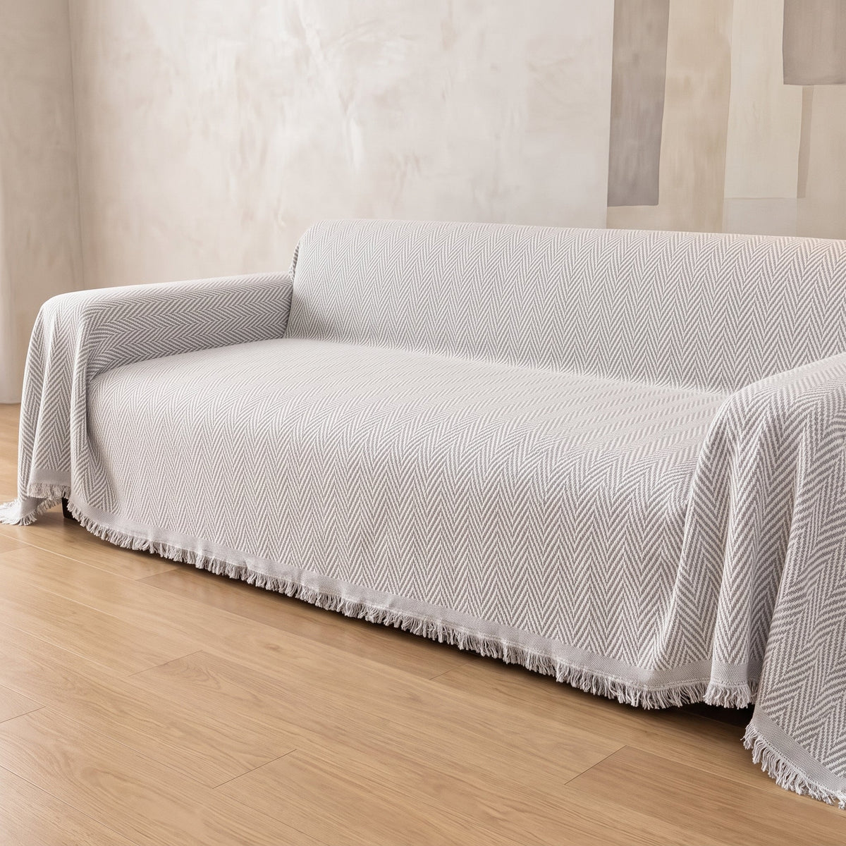 Sofa Throw Cover Chenille Herringbone & Tassel Edge