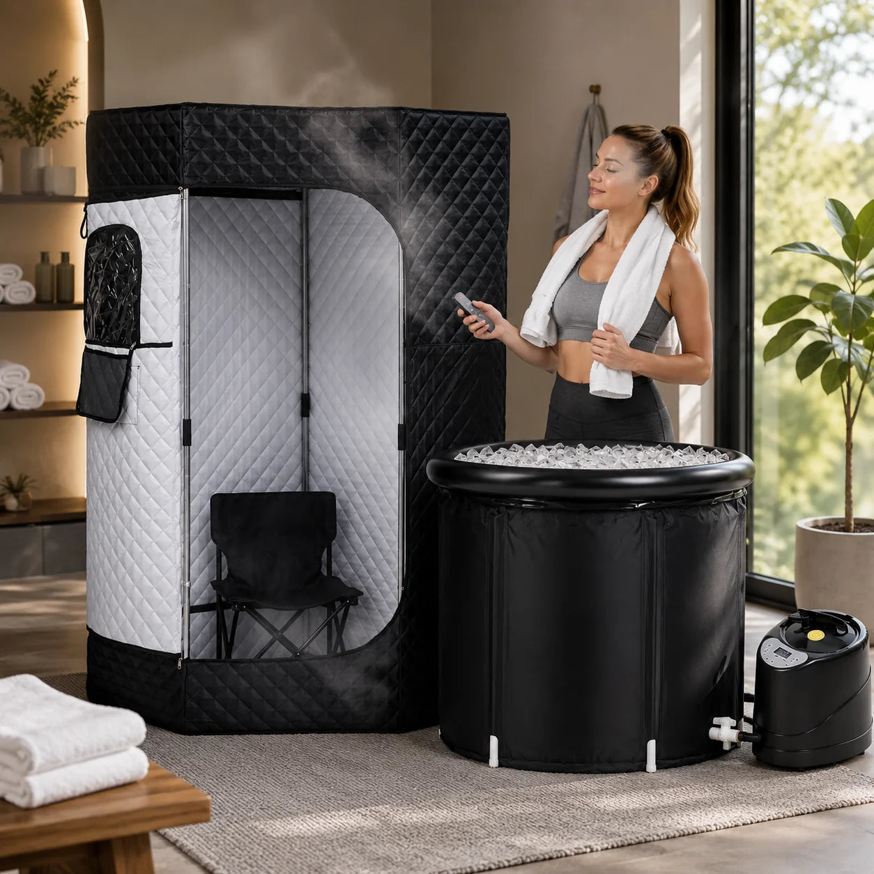Steam Sauna Tent Foldable 9 Heat Levels Integrated Ice Bath