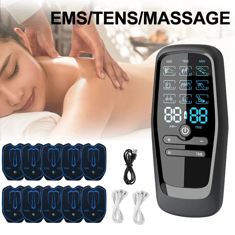 TENS & EMS Muscle Stimulator USB Rechargeable Reusable Pads