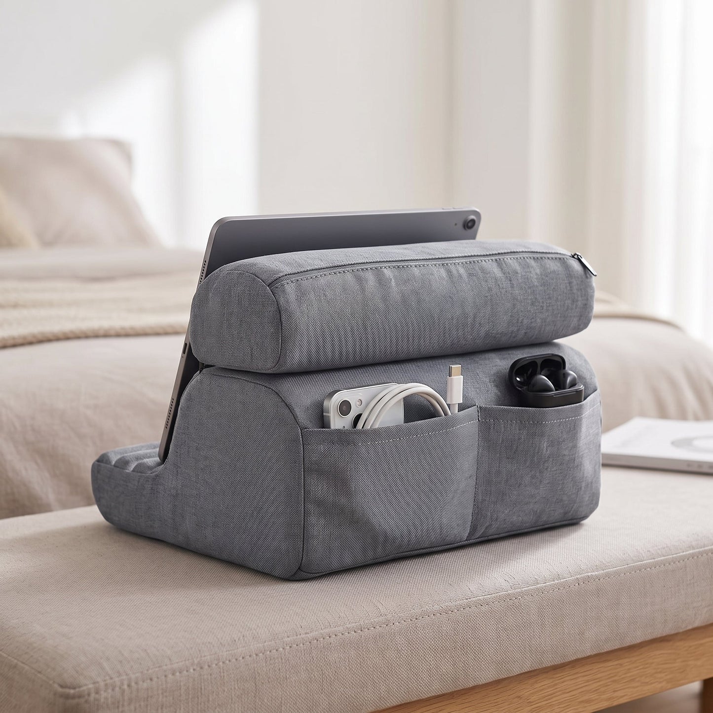 Tablet Pillow Stand 3-Angle Adjustable Storage Pockets