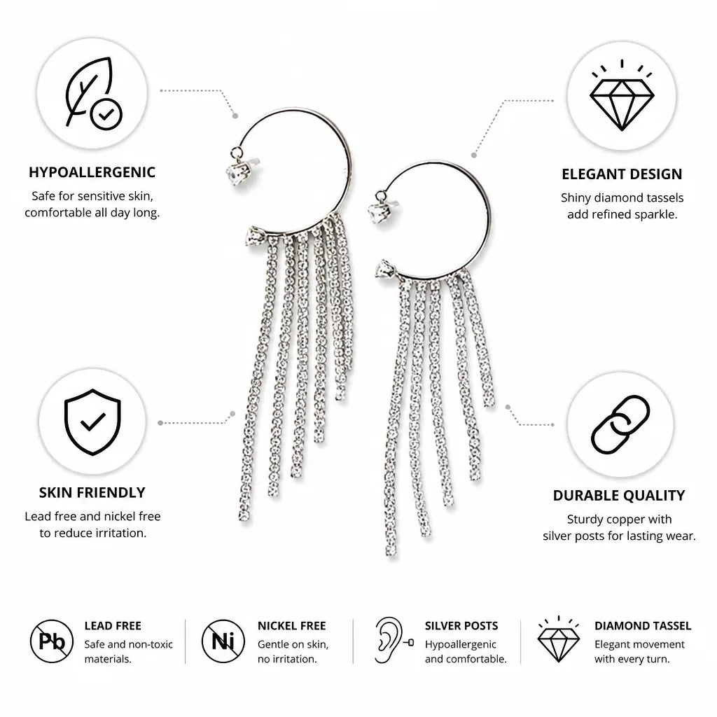 Tassel Earrings Crystal Tassel Hypoallergenic Silver Posts