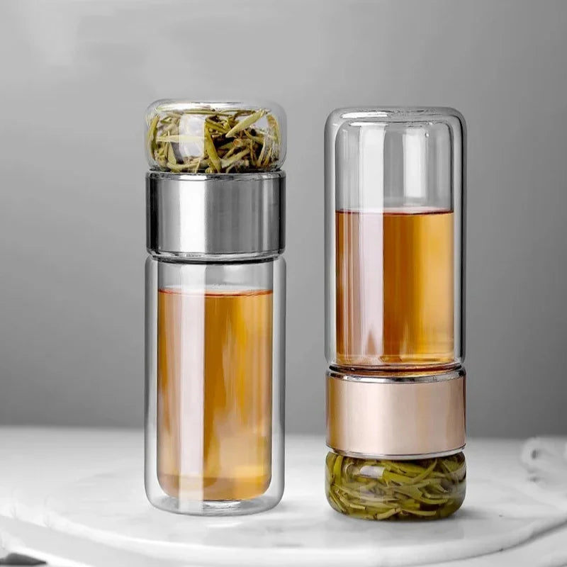 Tea Infuser Bottle Double-Wall Borosilicate Glass & Leakproof Lid