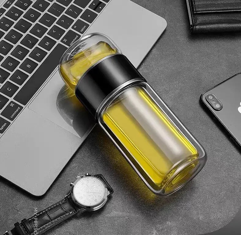 Tea Infuser Bottle Double-Wall Borosilicate Glass & Leakproof Lid