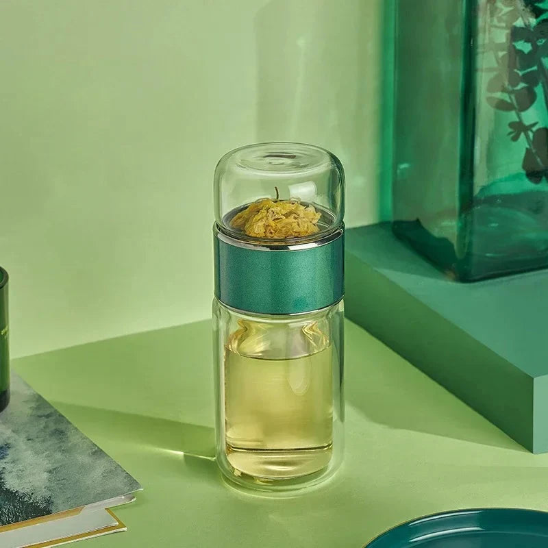 Tea Infuser Bottle Double-Wall Borosilicate Glass & Leakproof Lid
