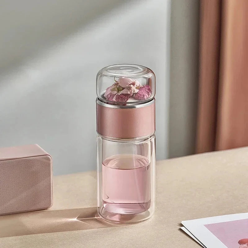 Tea Infuser Bottle Double-Wall Borosilicate Glass & Leakproof Lid