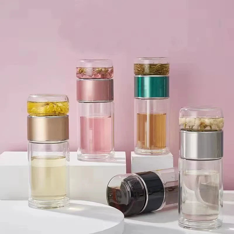 Tea Infuser Bottle Double-Wall Borosilicate Glass & Leakproof Lid