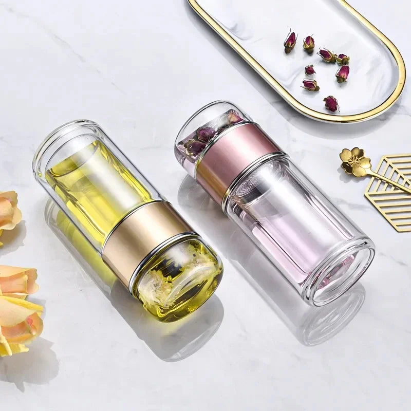 Tea Infuser Bottle Double-Wall Borosilicate Glass & Leakproof Lid