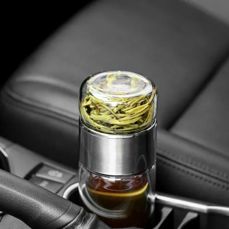 Tea Infuser Bottle Double-Wall Borosilicate Glass & Leakproof Lid