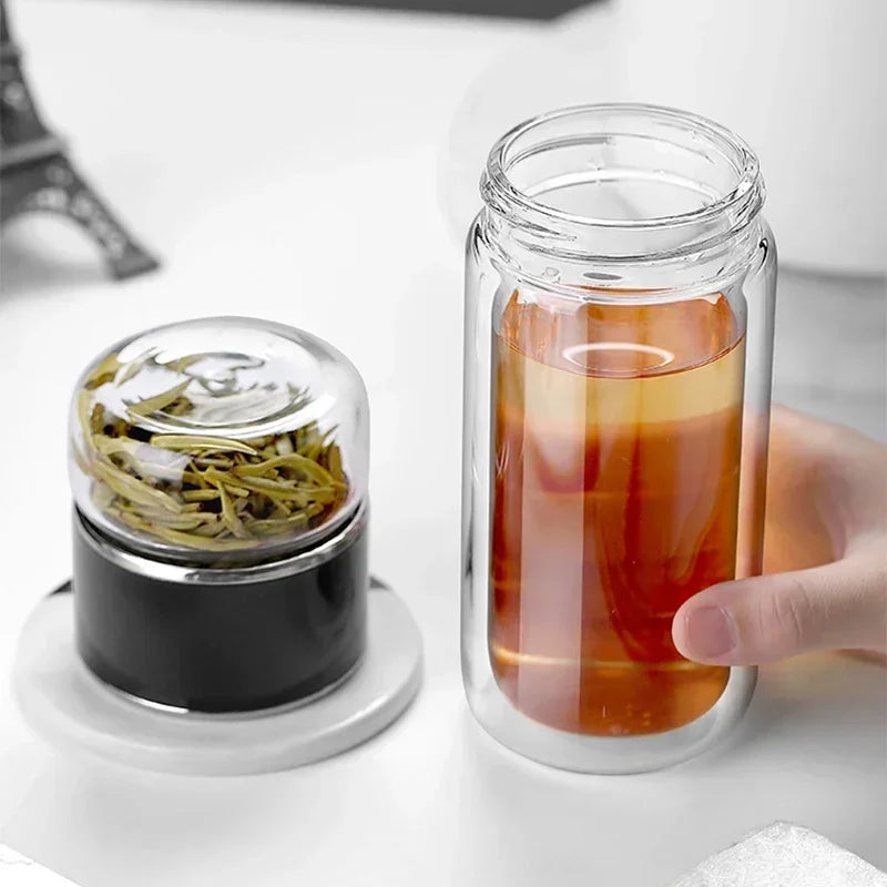 Tea Infuser Bottle Double-Wall Borosilicate Glass & Leakproof Lid
