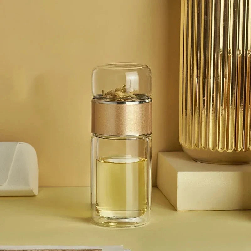 Tea Infuser Bottle Double-Wall Borosilicate Glass & Leakproof Lid