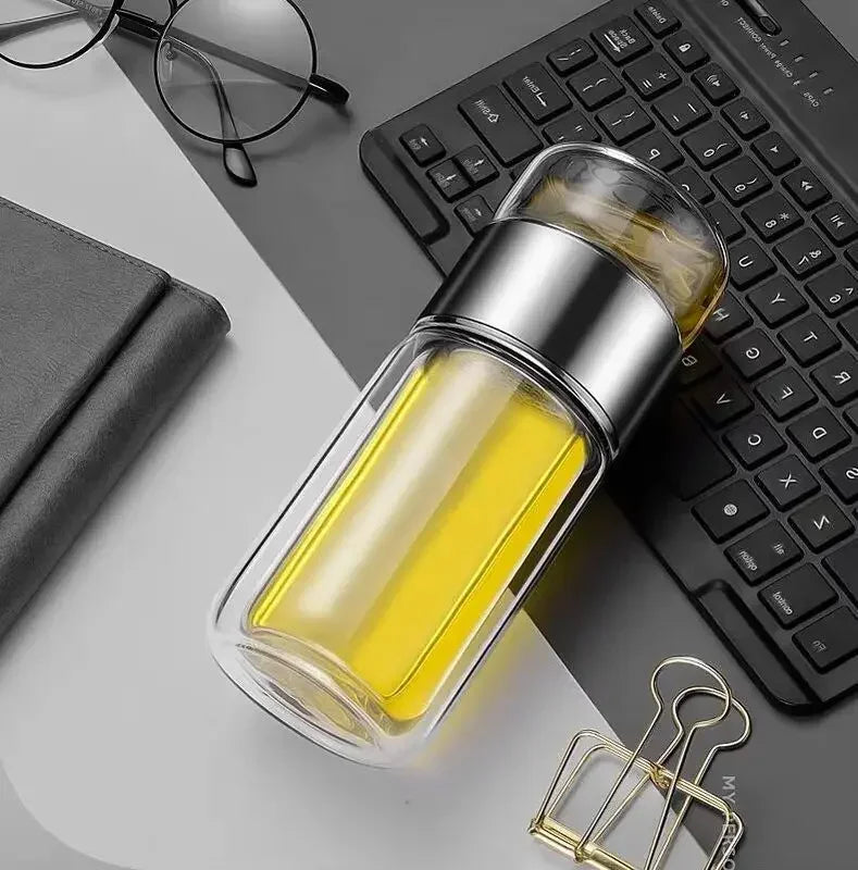 Tea Infuser Bottle Double-Wall Borosilicate Glass & Leakproof Lid