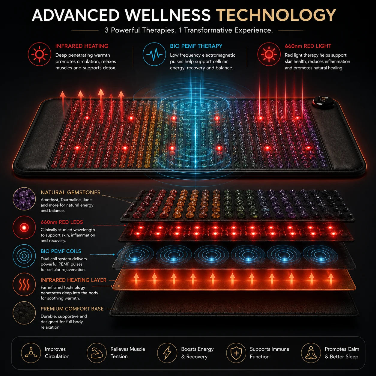 Therapy Mat PEMF Infrared & Red Light Gemstone Layer