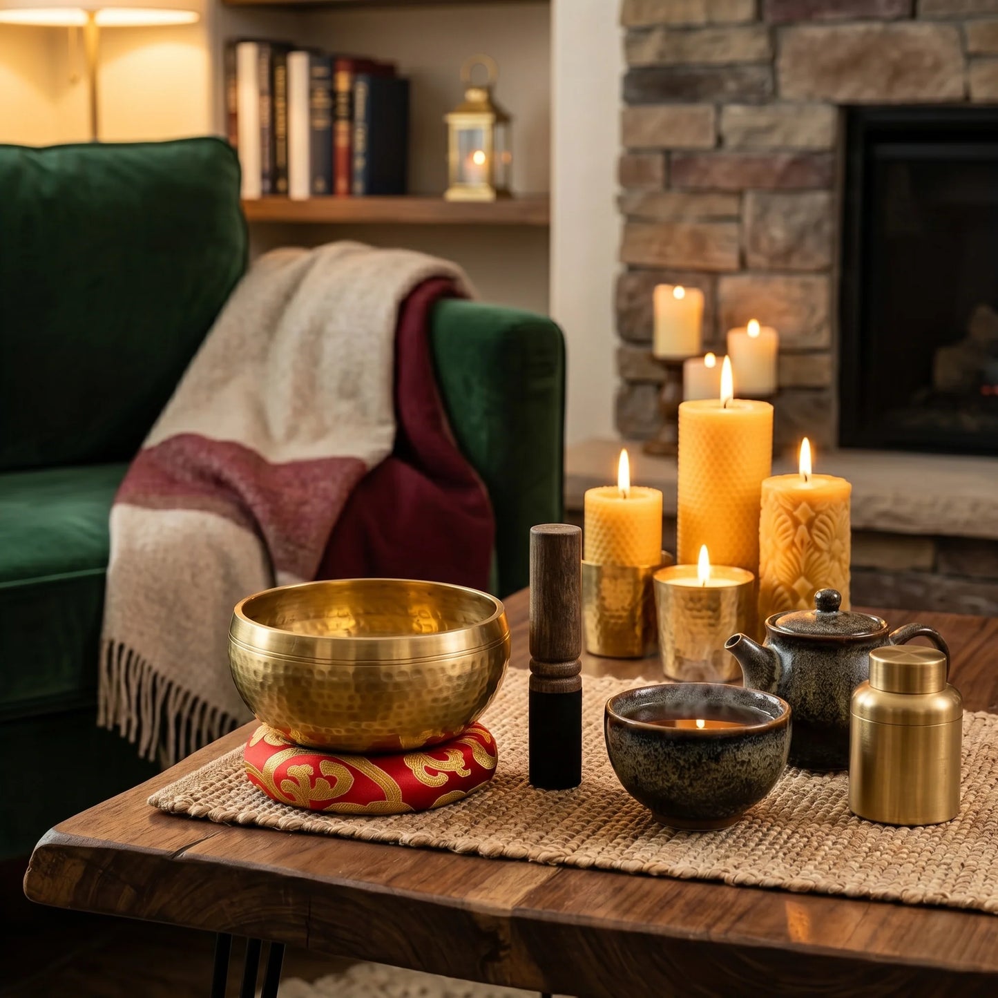 Tibetan Singing Bowl Set Handcrafted With Mallet & Cushion