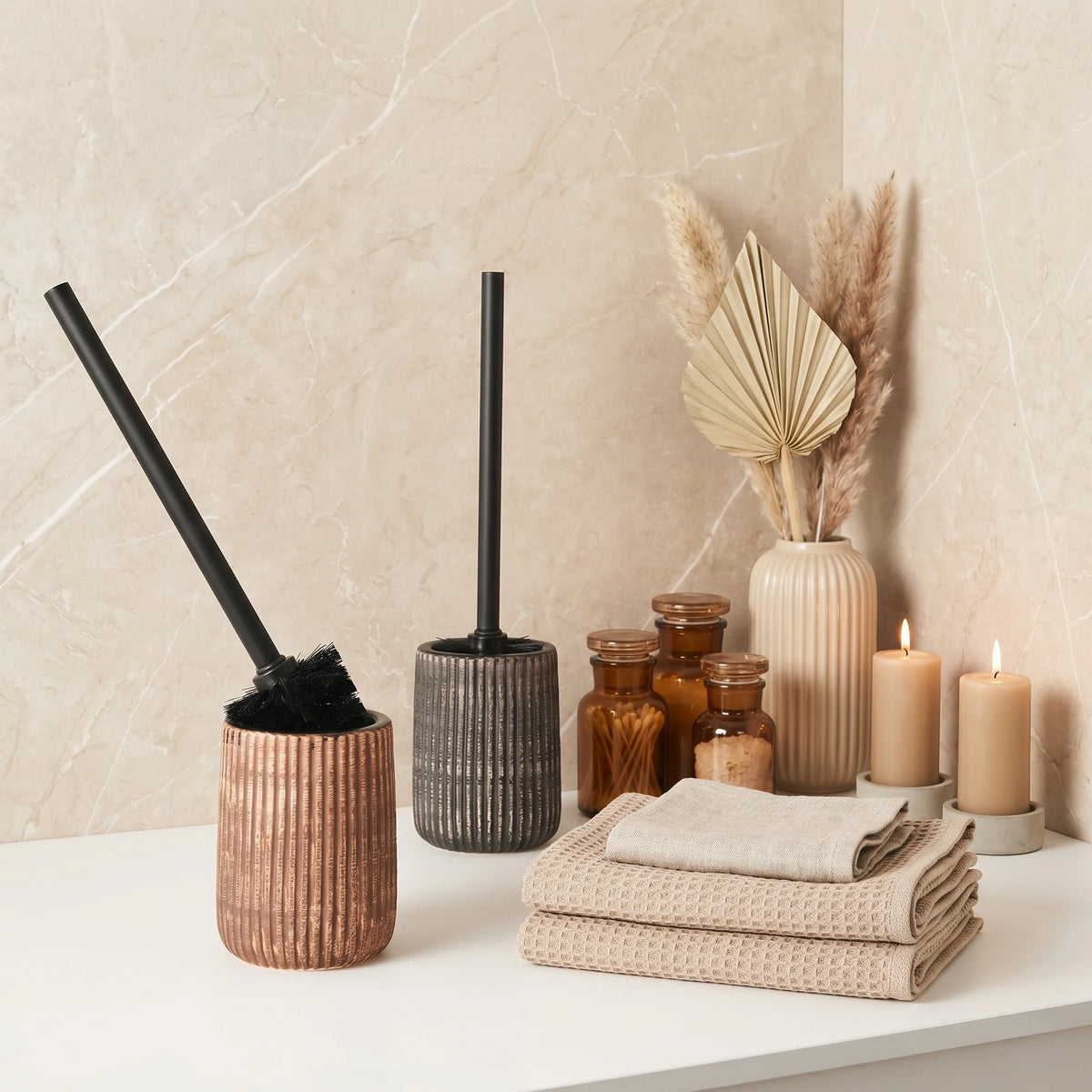Toilet Brush Holder Set Ceramic Ribbed