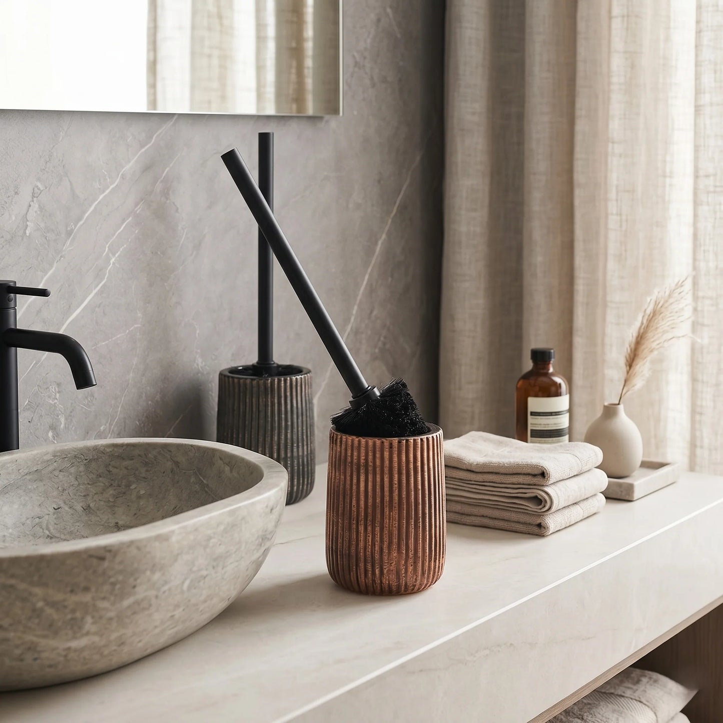 Toilet Brush Holder Set Ceramic Ribbed