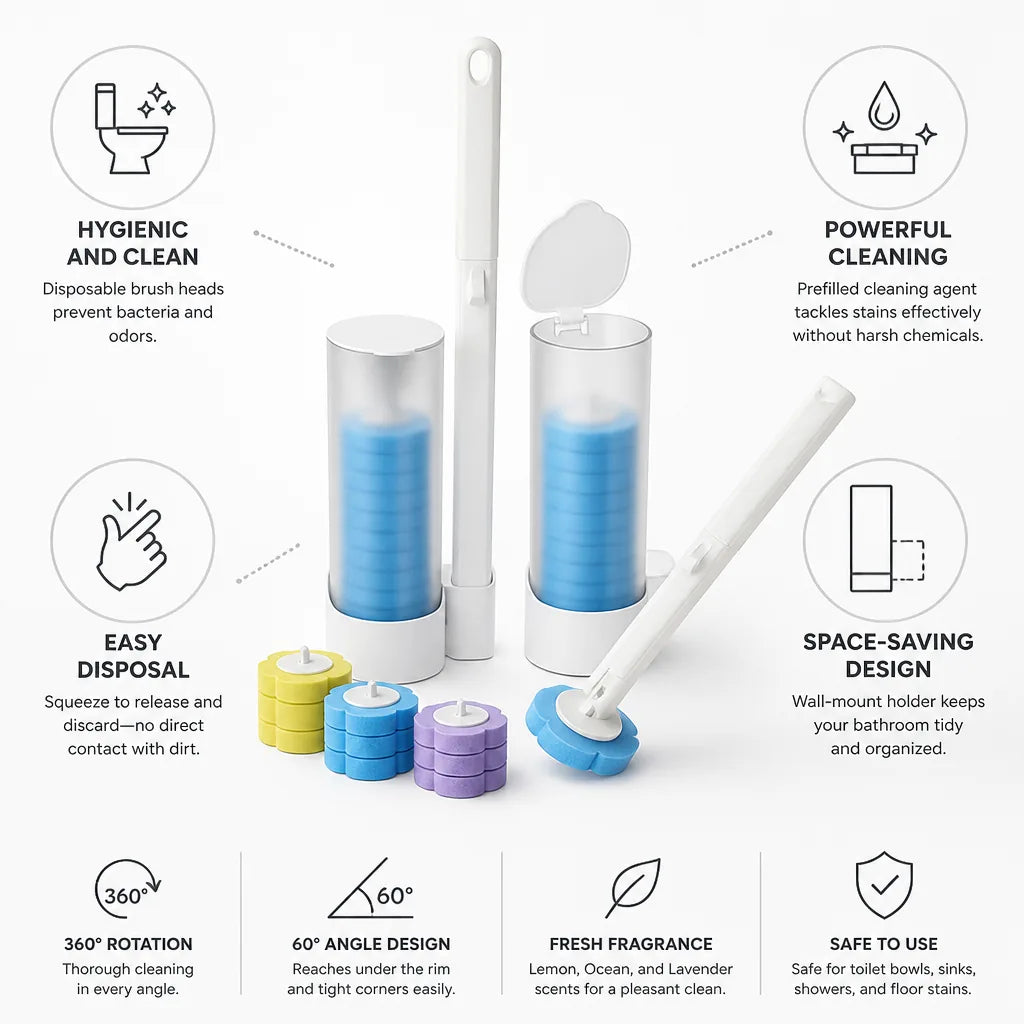 Toilet Brush Kit Wall-Mount Holder & Disposable Heads