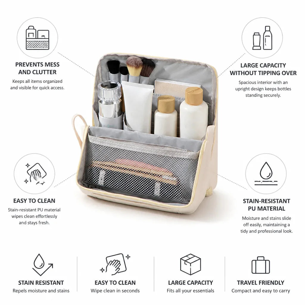 Toiletry Bag Upright Large Capacity Stain-Resistant PU