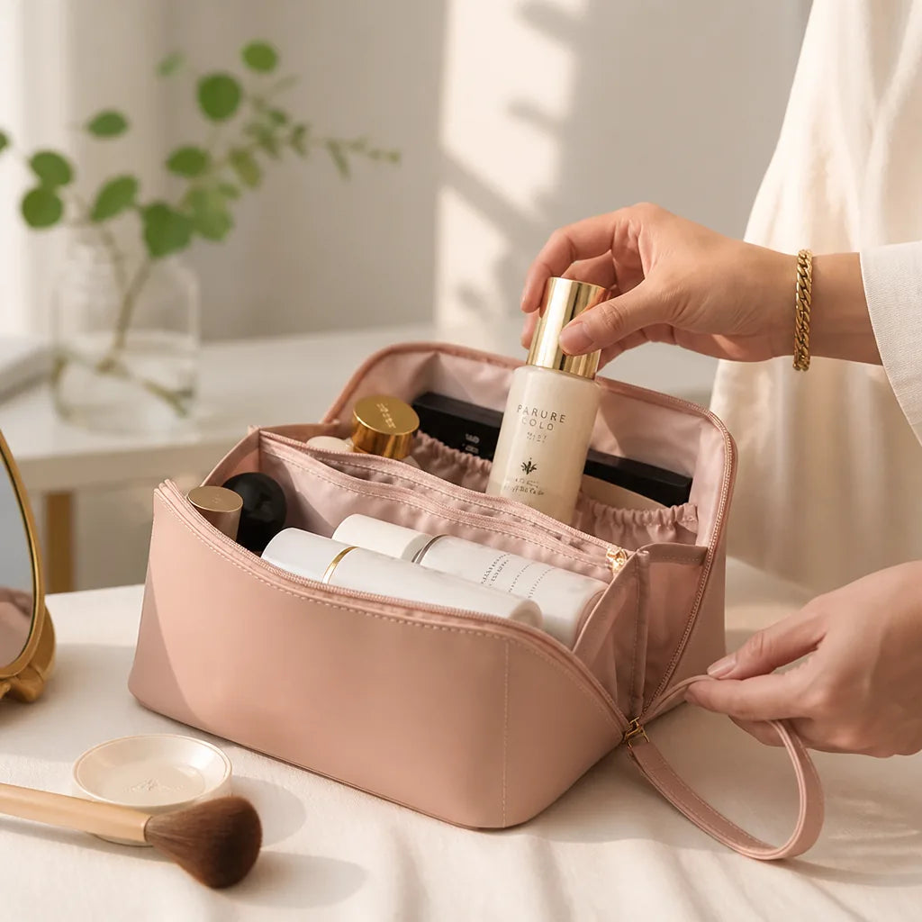 Travel Makeup Bag Large Capacity Water-Resistant PU Leather