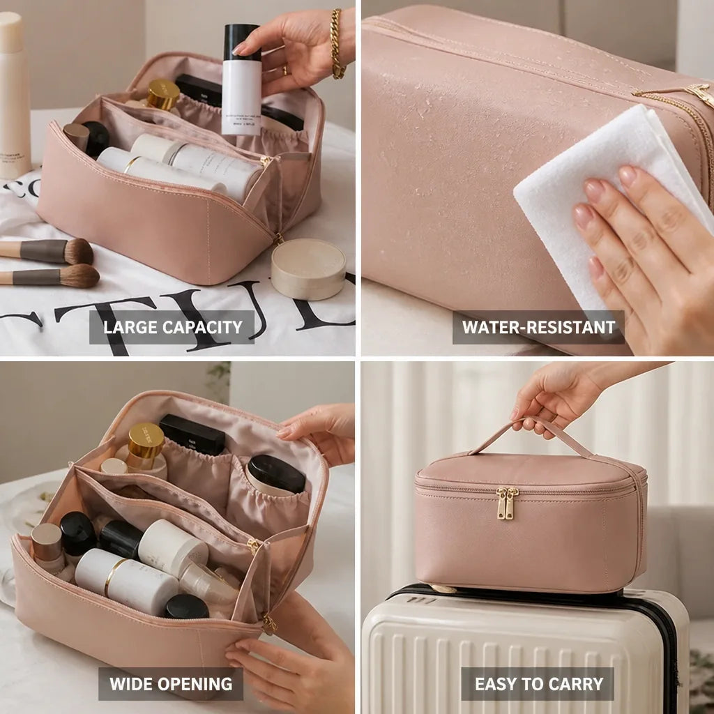 Travel Makeup Bag Large Capacity Water-Resistant PU Leather