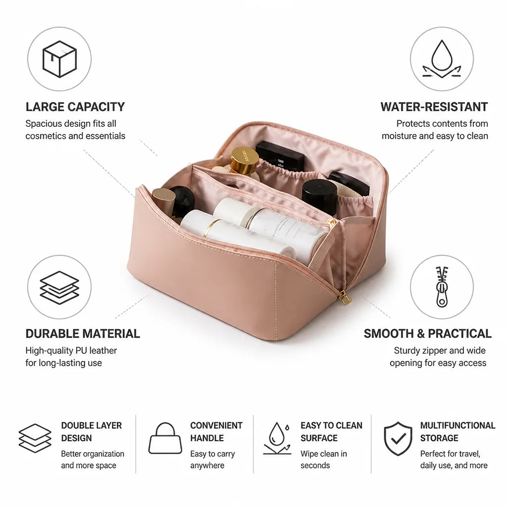 Travel Makeup Bag Large Capacity Water-Resistant PU Leather