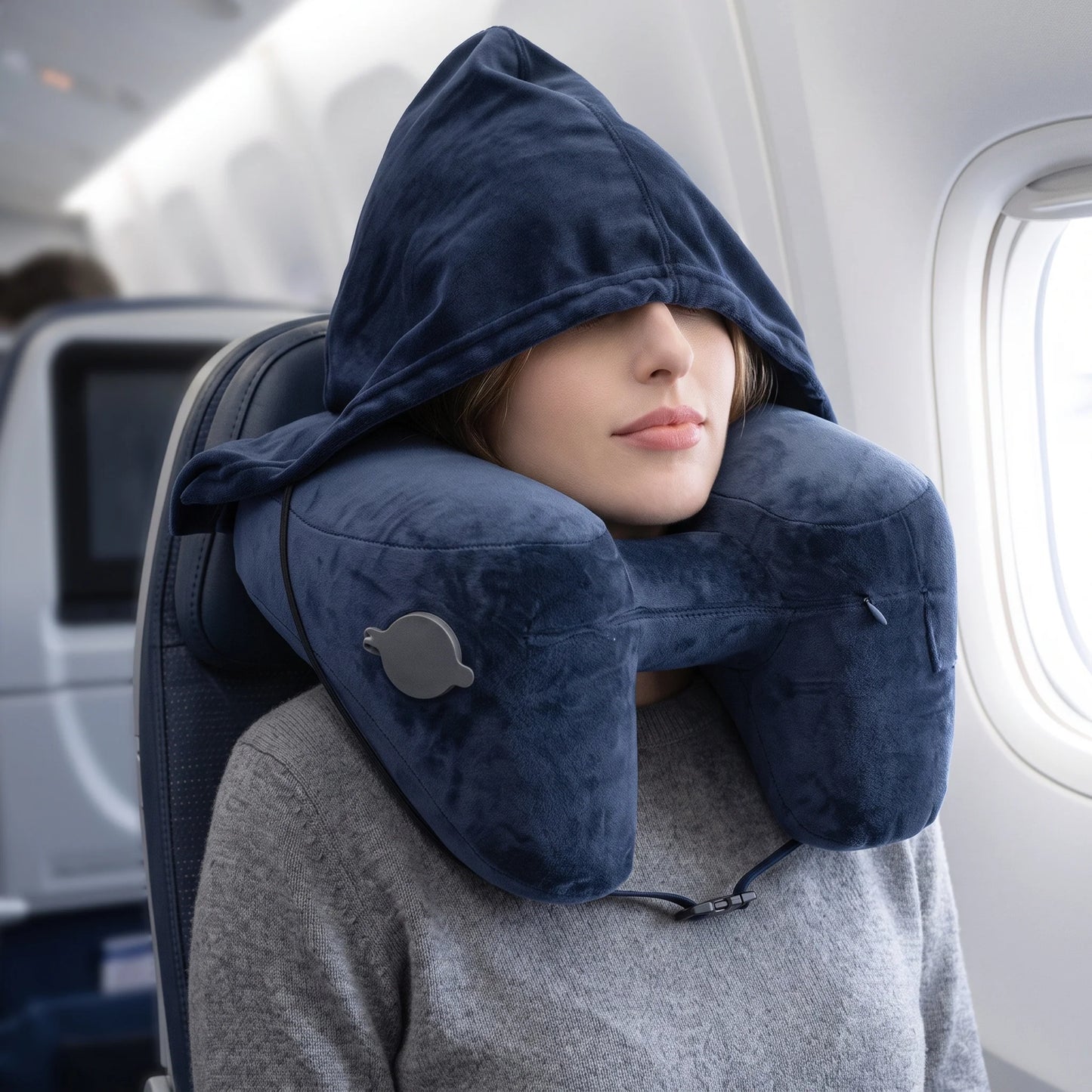 Travel Neck Pillow Inflatable Removable Blackout Hood