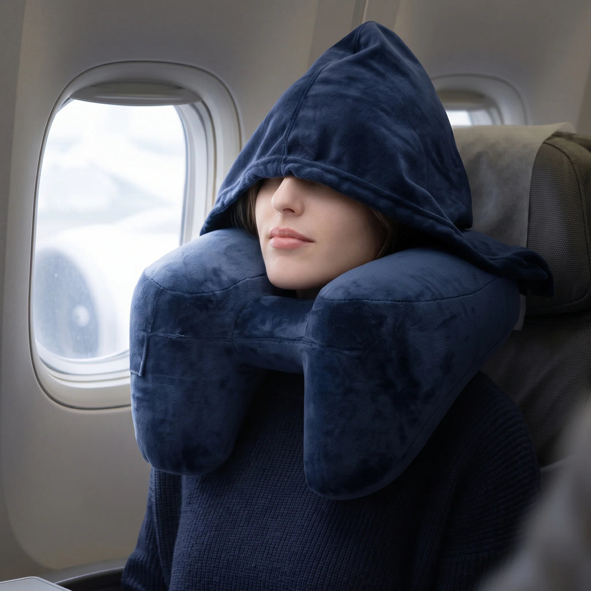 Travel Neck Pillow Inflatable Removable Blackout Hood