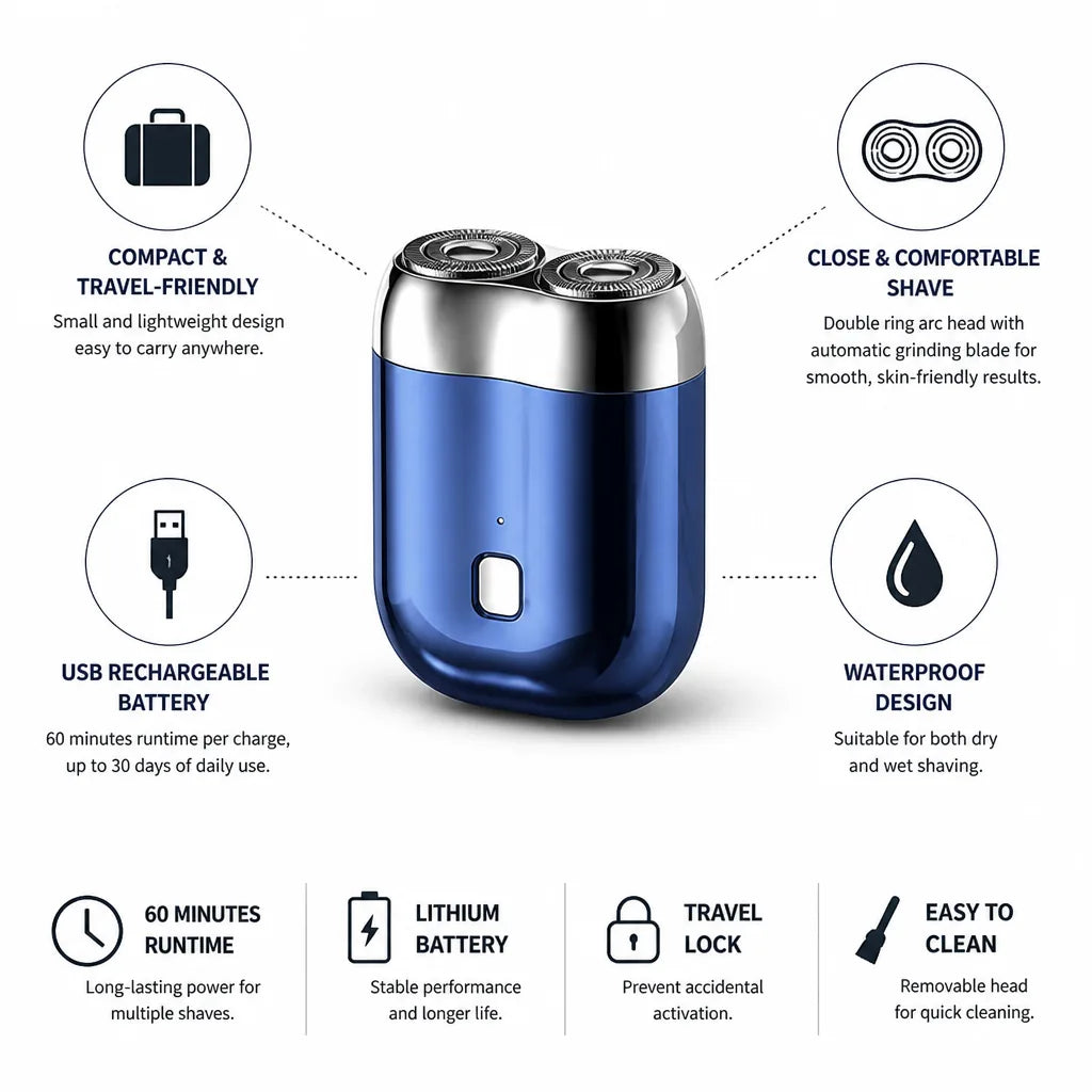 Travel Shaver USB Rechargeable Waterproof 60-Min Run Time