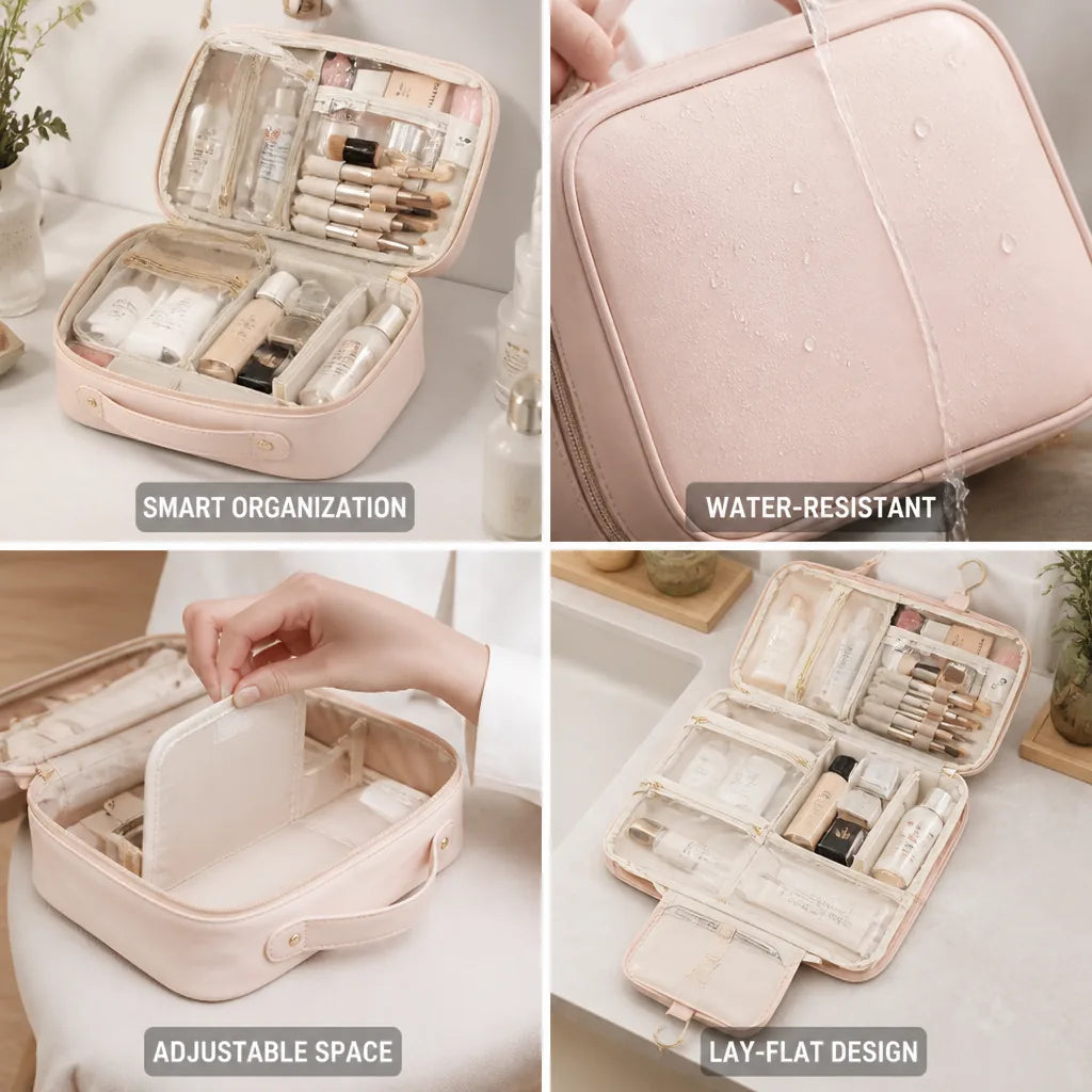 Travel Toiletry Bag Lay-Flat Water-Resistant Detachable Divider