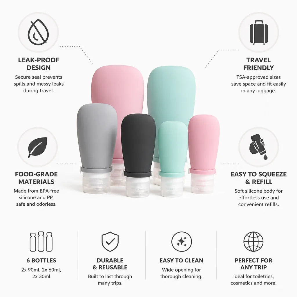 Travel Toiletry Bottles Leak-Proof Silicone 6-Piece