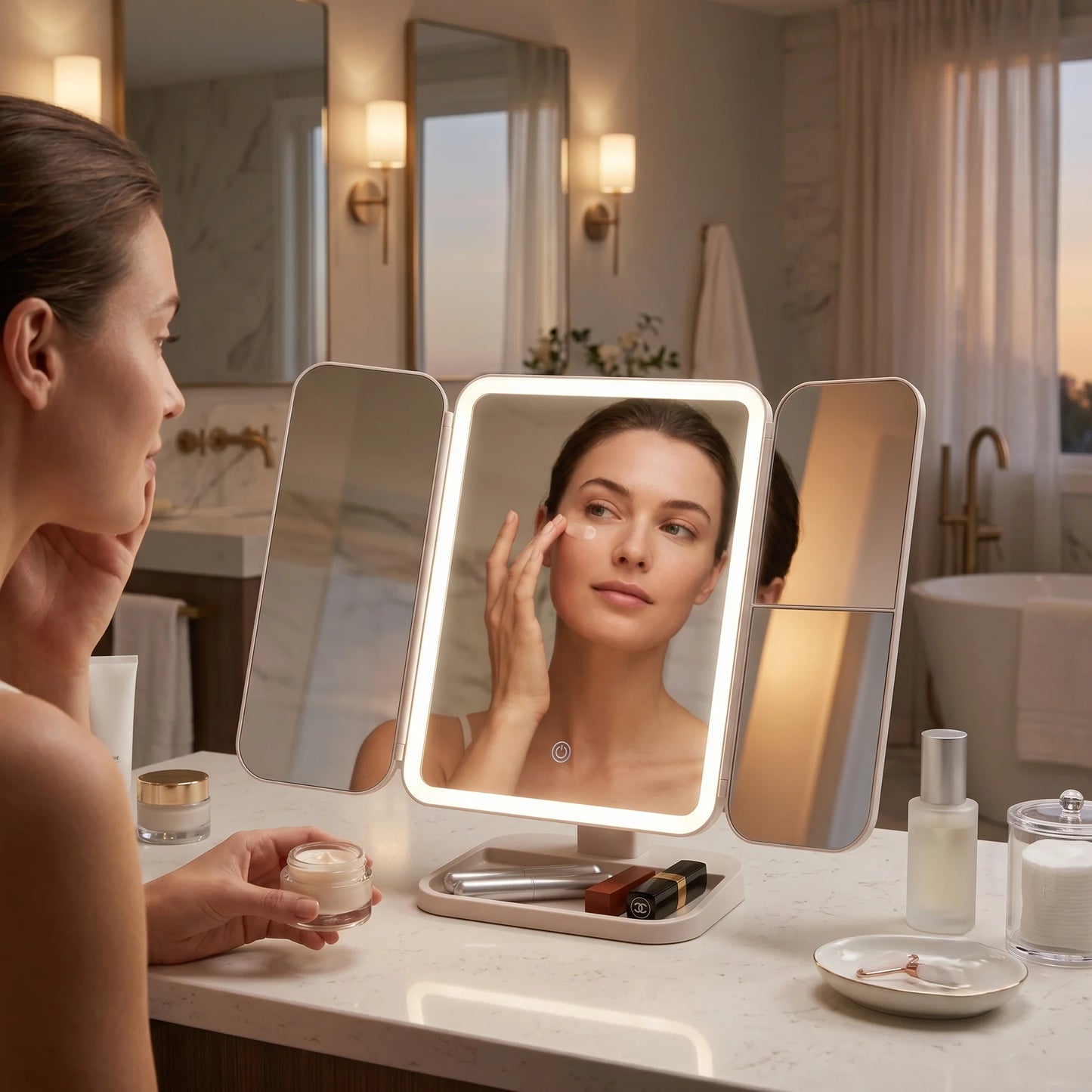 Tri-Fold Vanity Mirror Dimmable LED & 3x Magnification