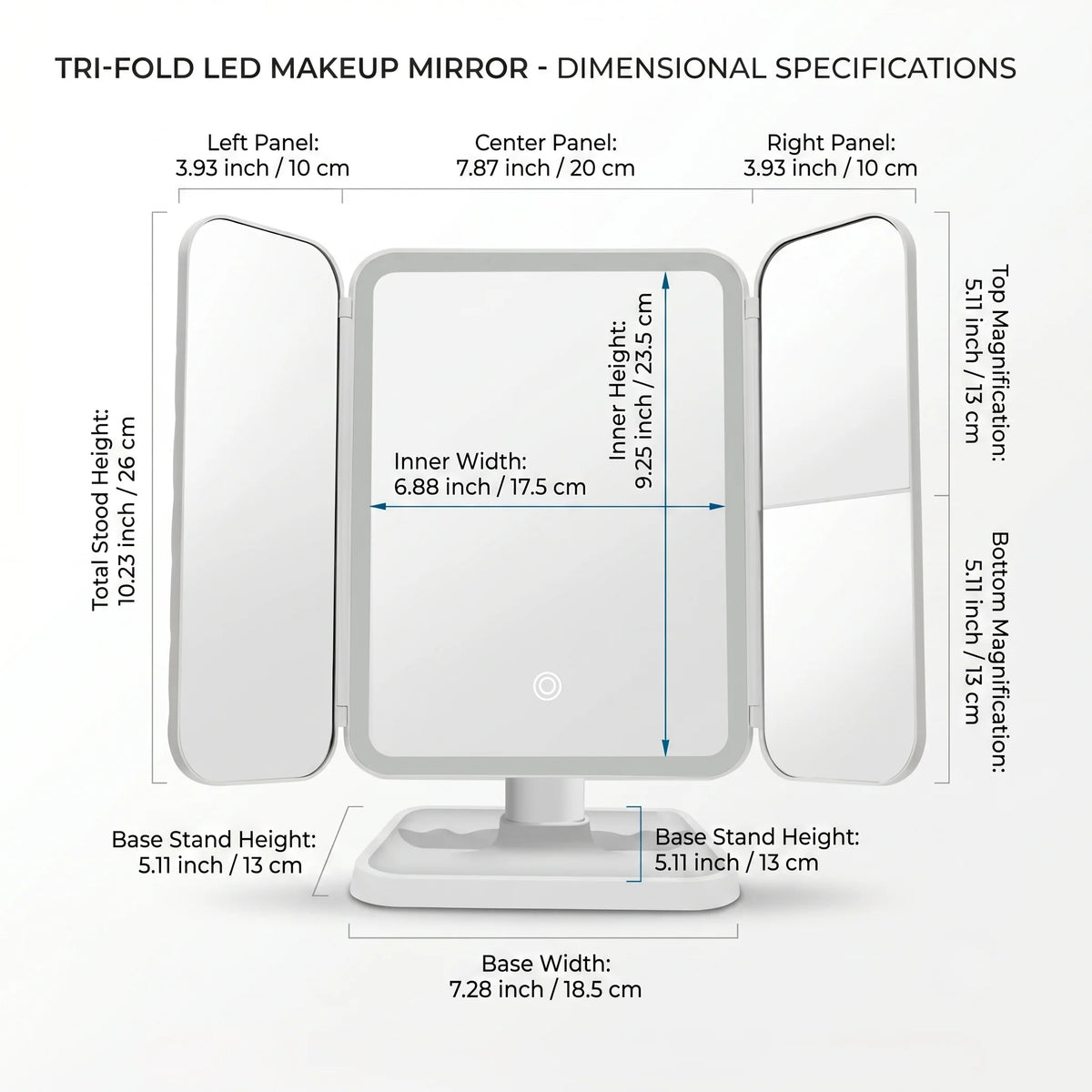 Tri-Fold Vanity Mirror Dimmable LED & 3x Magnification
