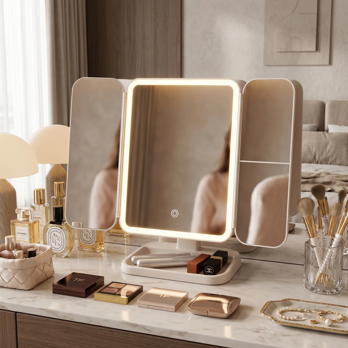 Tri-Fold Vanity Mirror Dimmable LED & 3x Magnification
