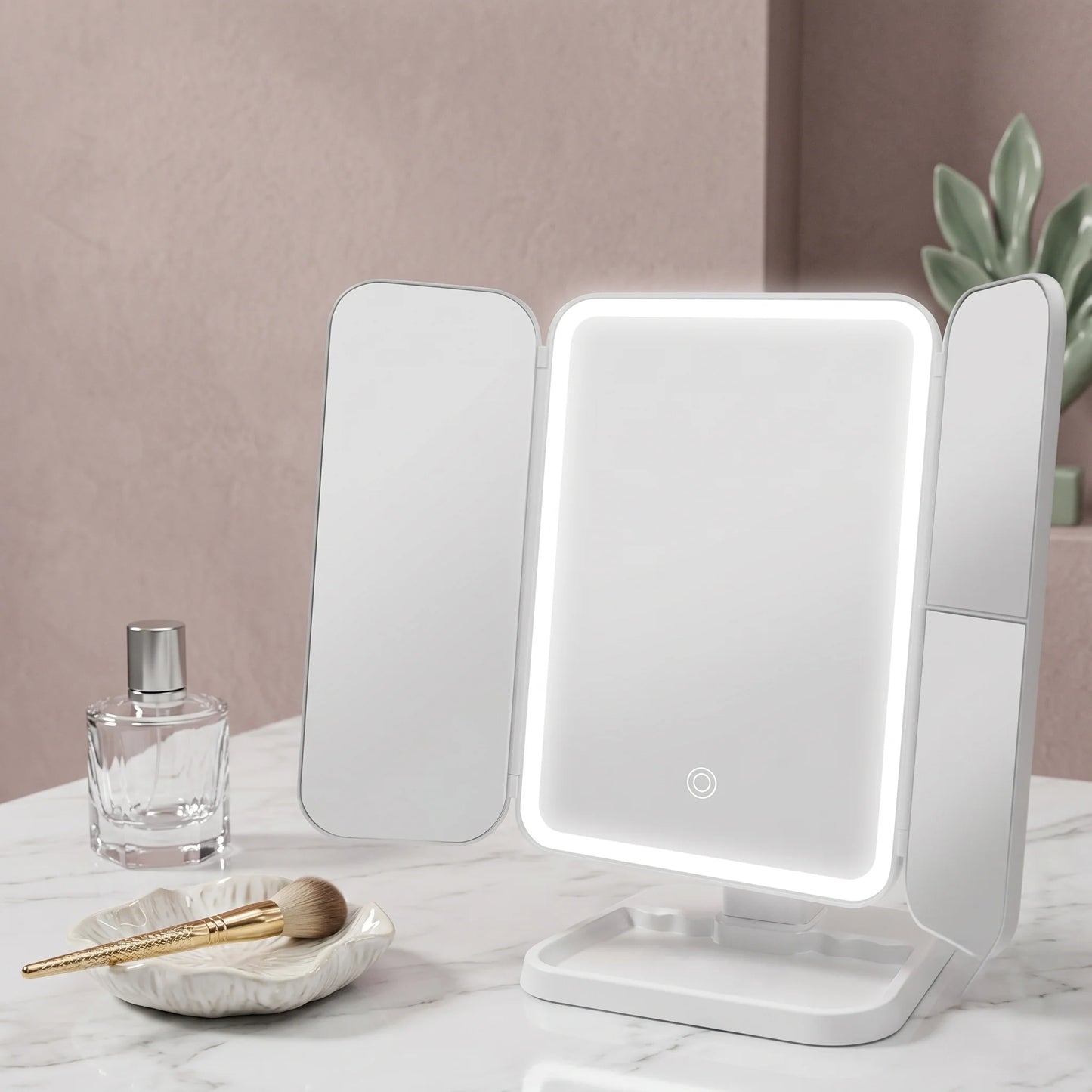 Tri-Fold Vanity Mirror Dimmable LED & 3x Magnification