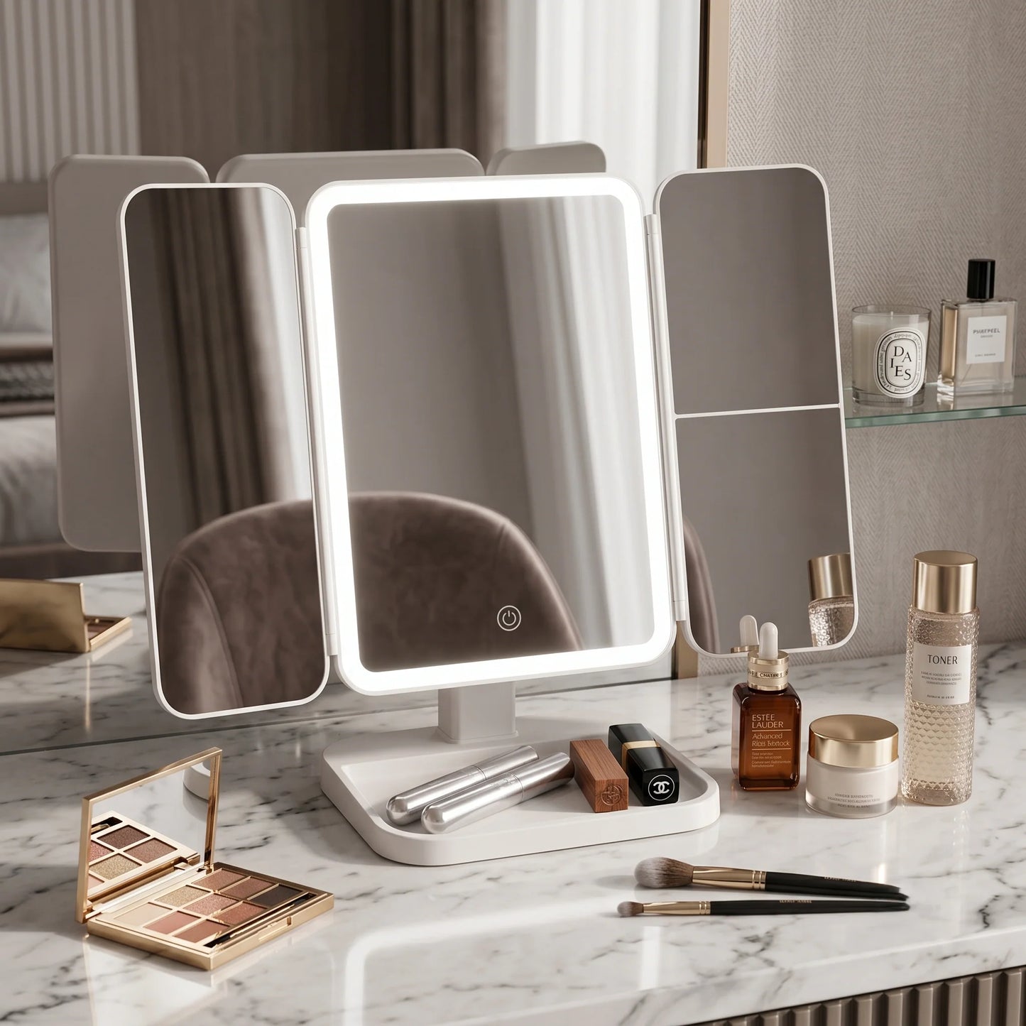 Tri-Fold Vanity Mirror Dimmable LED & 3x Magnification