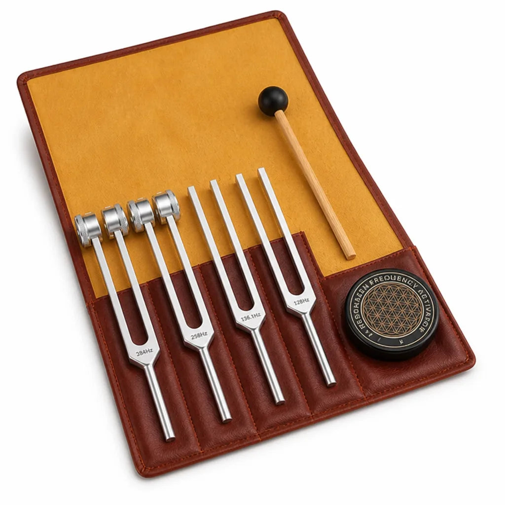 Tuning Fork Set Aluminum Precision Frequencies Leather Pouch