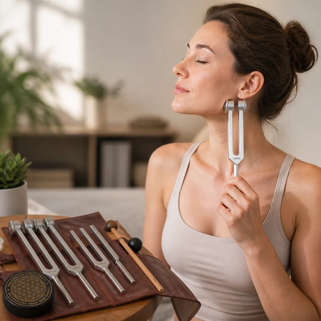 Tuning Fork Set Aluminum Precision Frequencies Leather Pouch