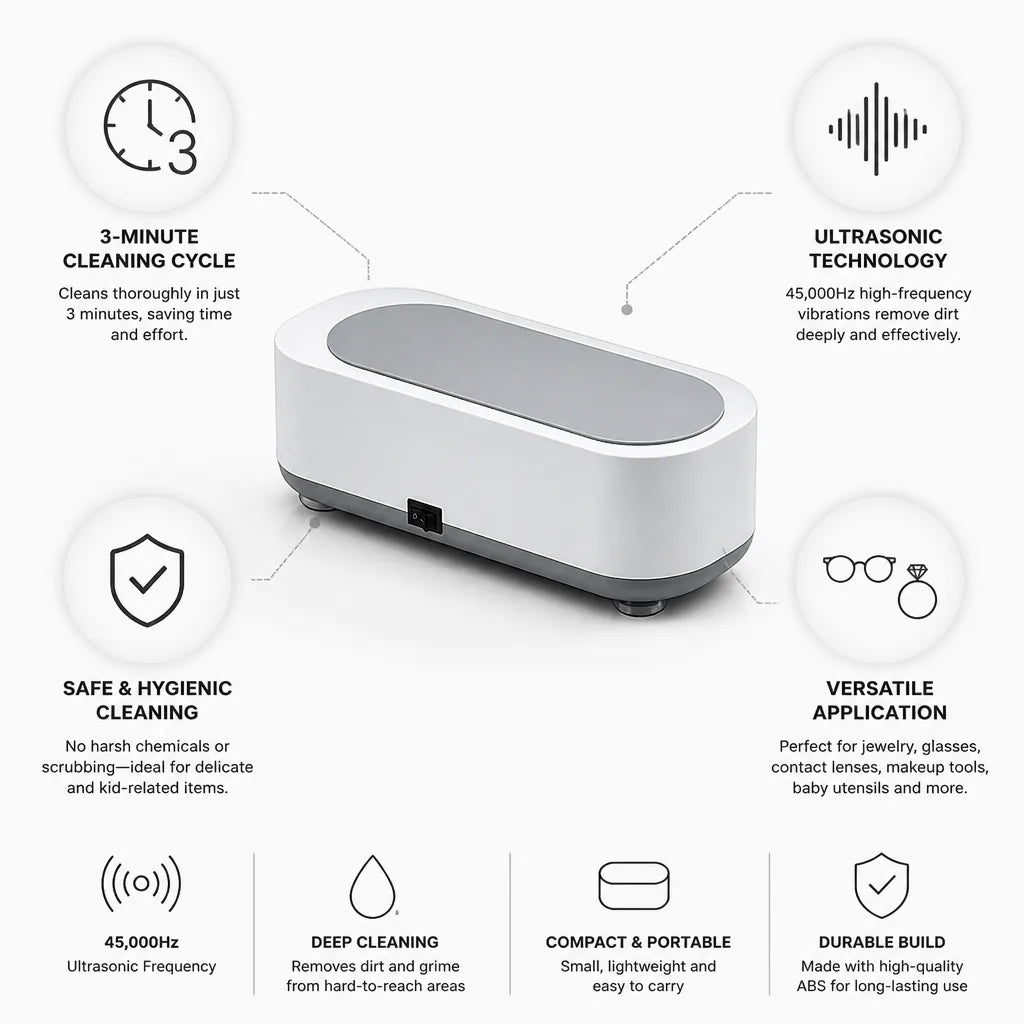 Ultrasonic Cleaner Compact 3-Minute Cycle 45000Hz