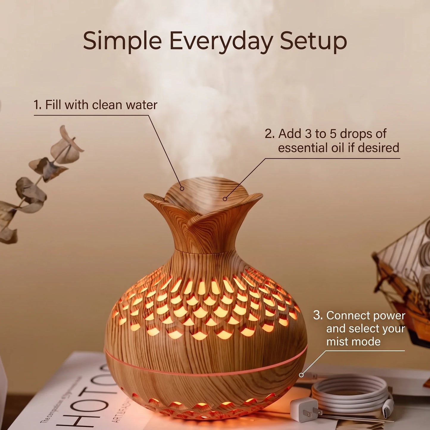 Ultrasonic Humidifier & Diffuser Wood Grain Finish Ambient Light