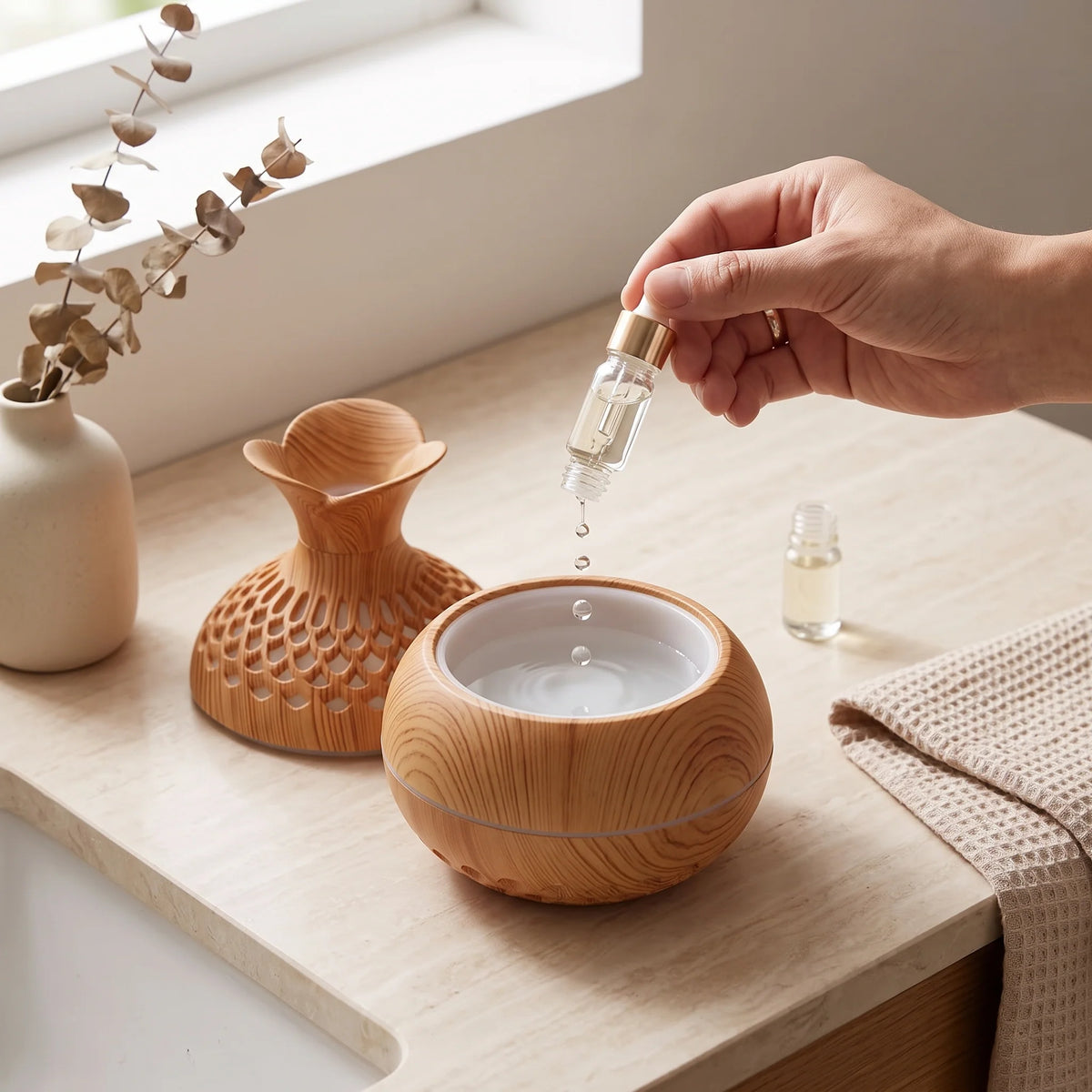 Ultrasonic Humidifier & Diffuser Wood Grain Finish Ambient Light