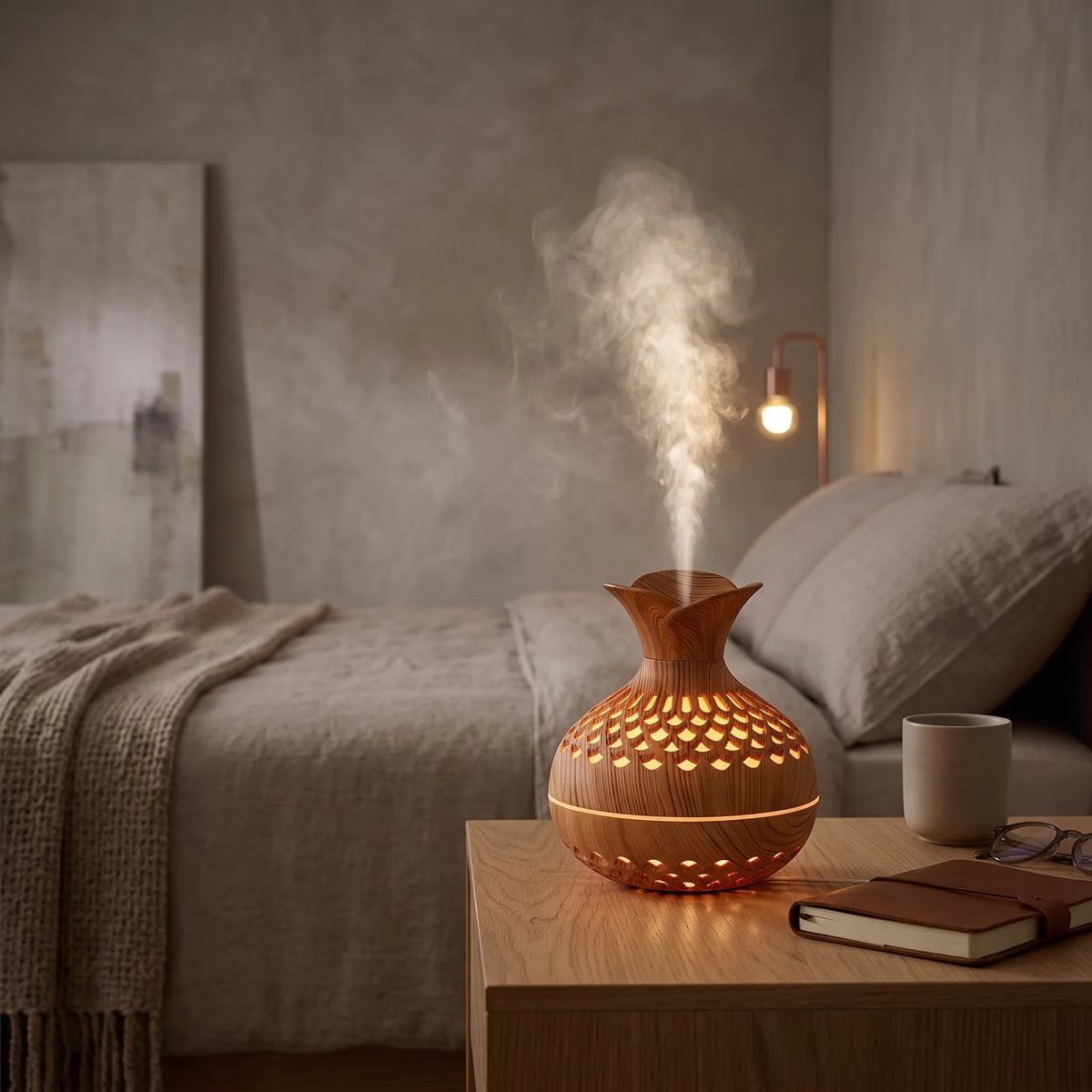 Ultrasonic Humidifier & Diffuser Wood Grain Finish Ambient Light