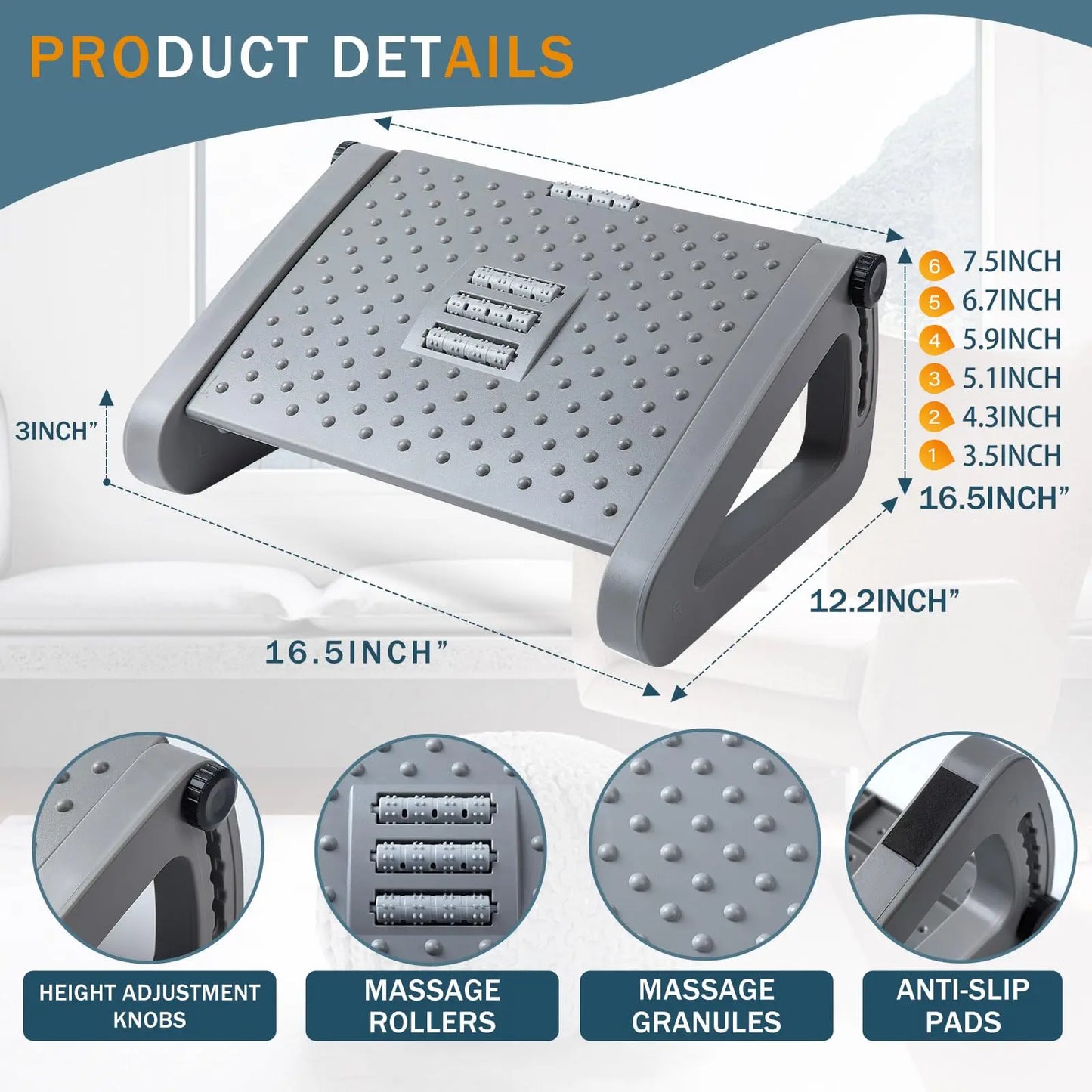 Under-Desk Foot Rest Tilting Platform & Massage Rollers