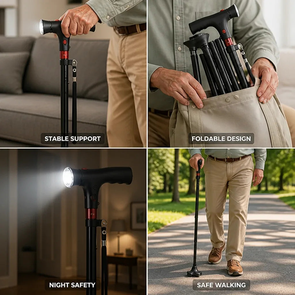 Walking Cane Double-Handle Foldable Night Safety