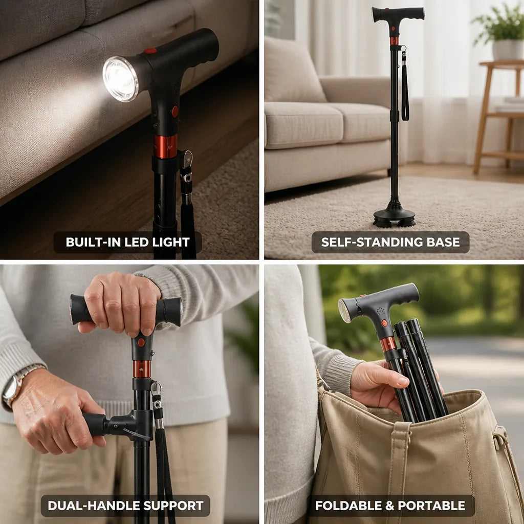 Walking Cane Dual Handle Self-Standing Base