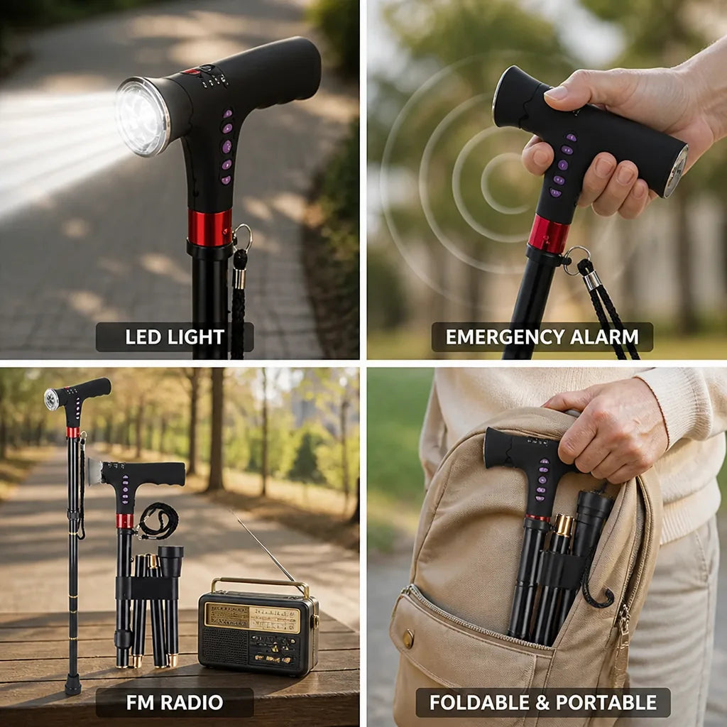 Walking Cane Foldable LED Light & Emergency Alarm