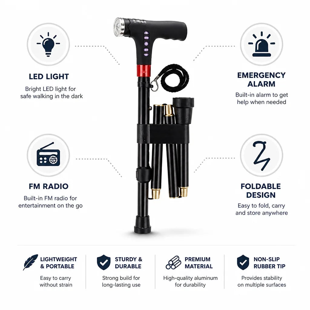 Walking Cane Foldable LED Light & Emergency Alarm