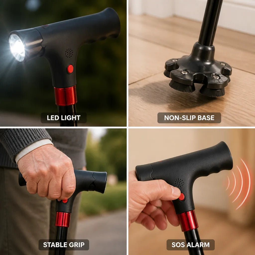 Walking Cane Non-Slip Base LED Light & SOS Alarm
