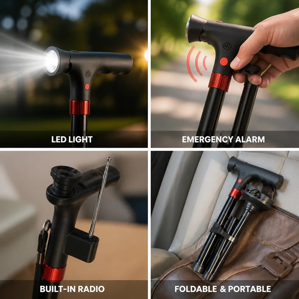 Walking Cane Telescopic LED Light & Emergency Alarm